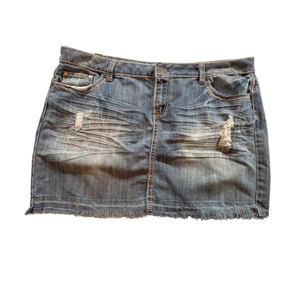 YMI Denim Mini Skirt Womens Size 18 Distressed Raw Hem Medium Wash Y2K Jean